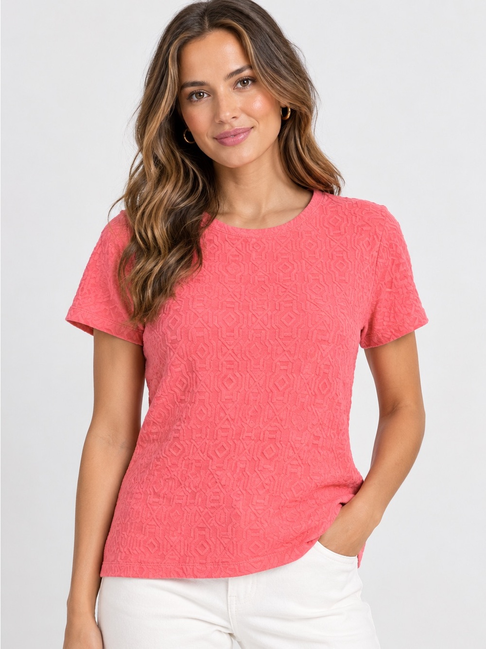 J McLaughlin Women’s XL Coral Textured Geometric Knit Stretch Crew Neck T-Shirt